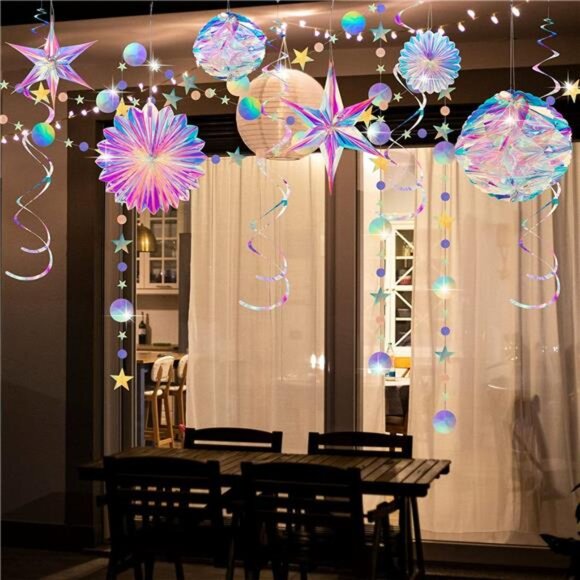Iridescent Party Decorations 29 PCS Hanging Honeycomb Paper Fans Swirls Birthday - Picture 5 of 7